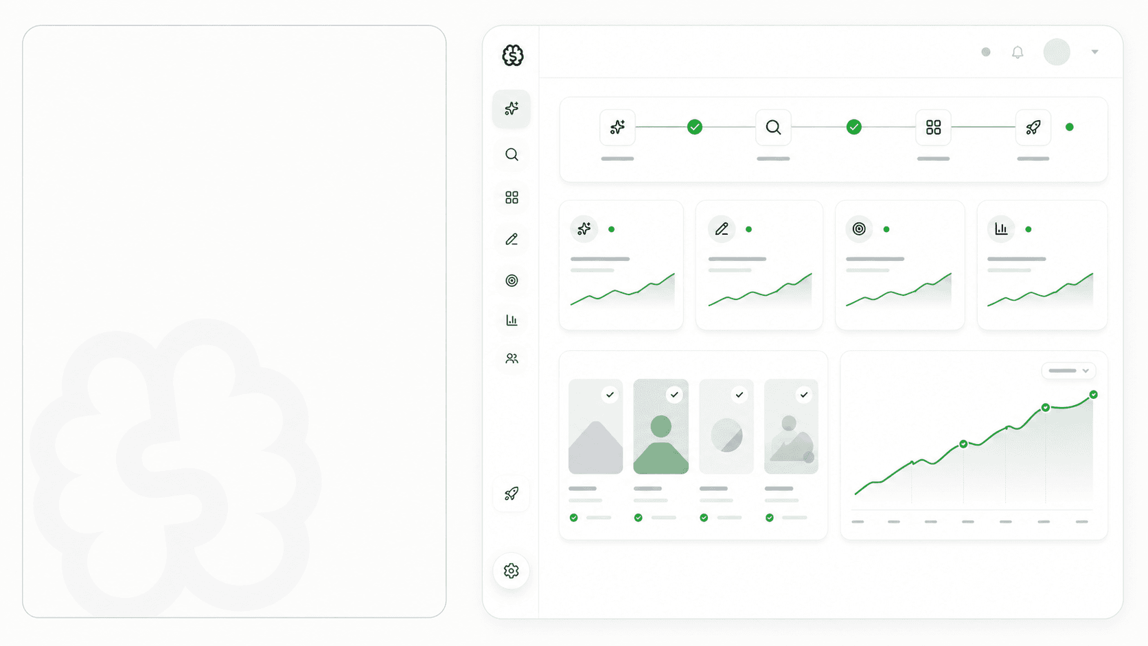 StefanBrain dashboard illustration for Harvey Carnegie's case study: creative pipeline cards and a growth chart tracking his DTC portfolio's path toward $250M in 2026.